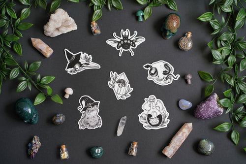 My hand made witchy stickers! I painted them in watercolour then  photographed them and made them into stickers. Available to buy on my   store aianaiyaillustration alongside my purple witch stickers! 